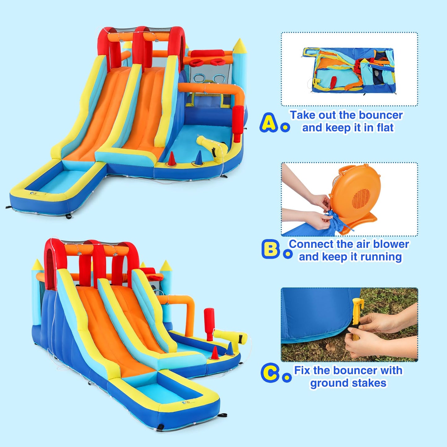 JOYLDIAS Inflatable Water Slide Park, Giant Bounce House with 450W Blower, Climbing Wall, Dual Basketball Hoops & Ring Toss Games - Outdoor Backyard Jumper for Kids Ages 3+