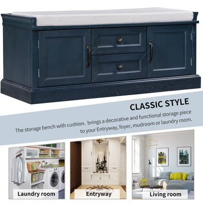 Acosure 42″ Storage Bench with 2 Drawers and 2 Cabinets，Multipurpose Entryway Shoe Rack W/Removable Cushion，for Living Room Hallway Porch,Antique Navy