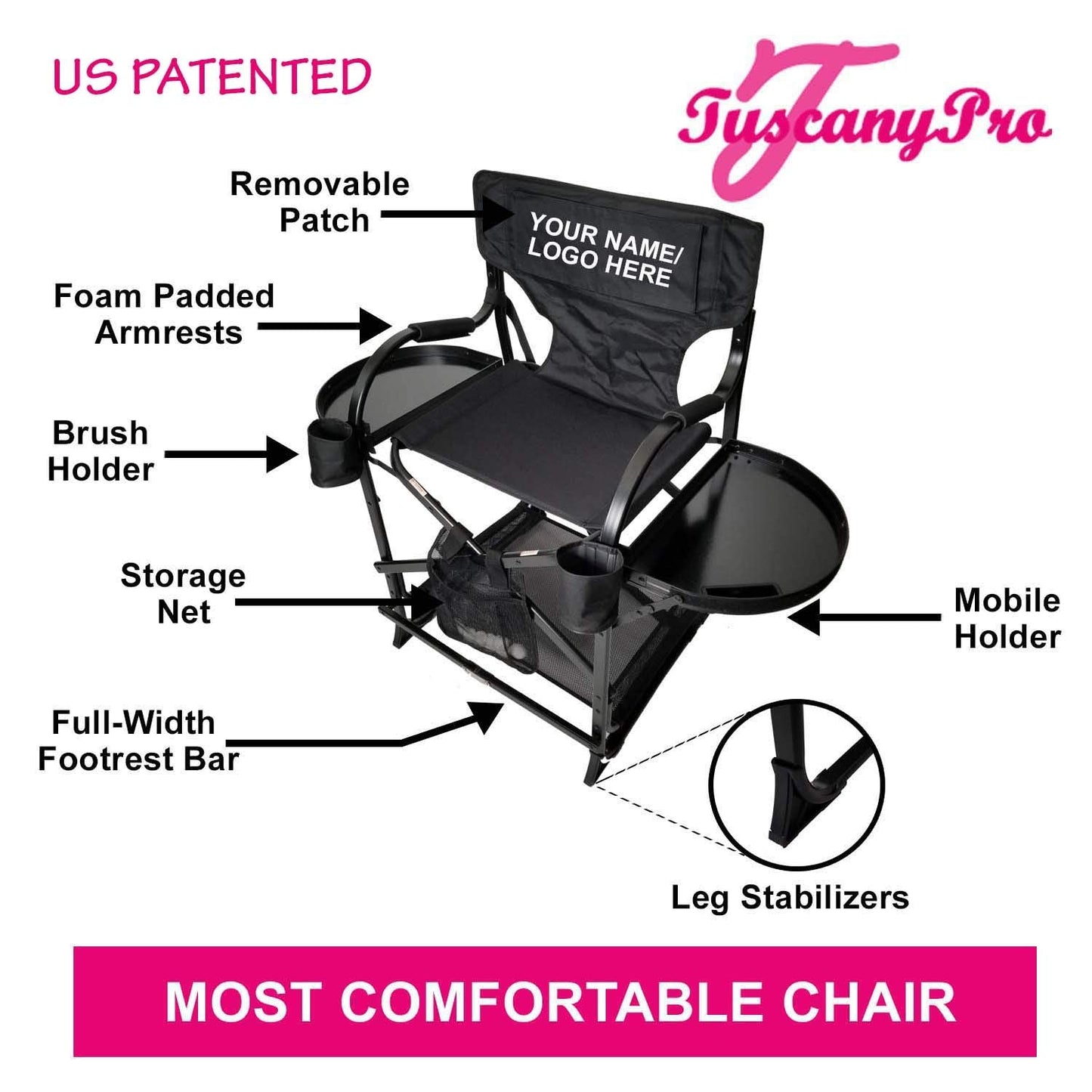 Tuscany Pro Your Name/Logo Included Portable Makeup & Hairstylist Chair - Perfect for Makeup, Hair Stylist, Salon with 25 Inch Seat Height