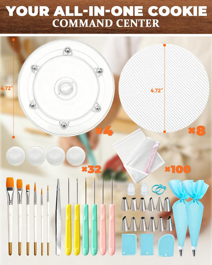 Ultimate Cookie Decorating Supplies Kit in Gift Box | 4 Turntables, 8 Mesh Mats, 32 Tips & 100 Bags | Professional Sugar Cookie Decorating Set with Tools for Beginners & Experts