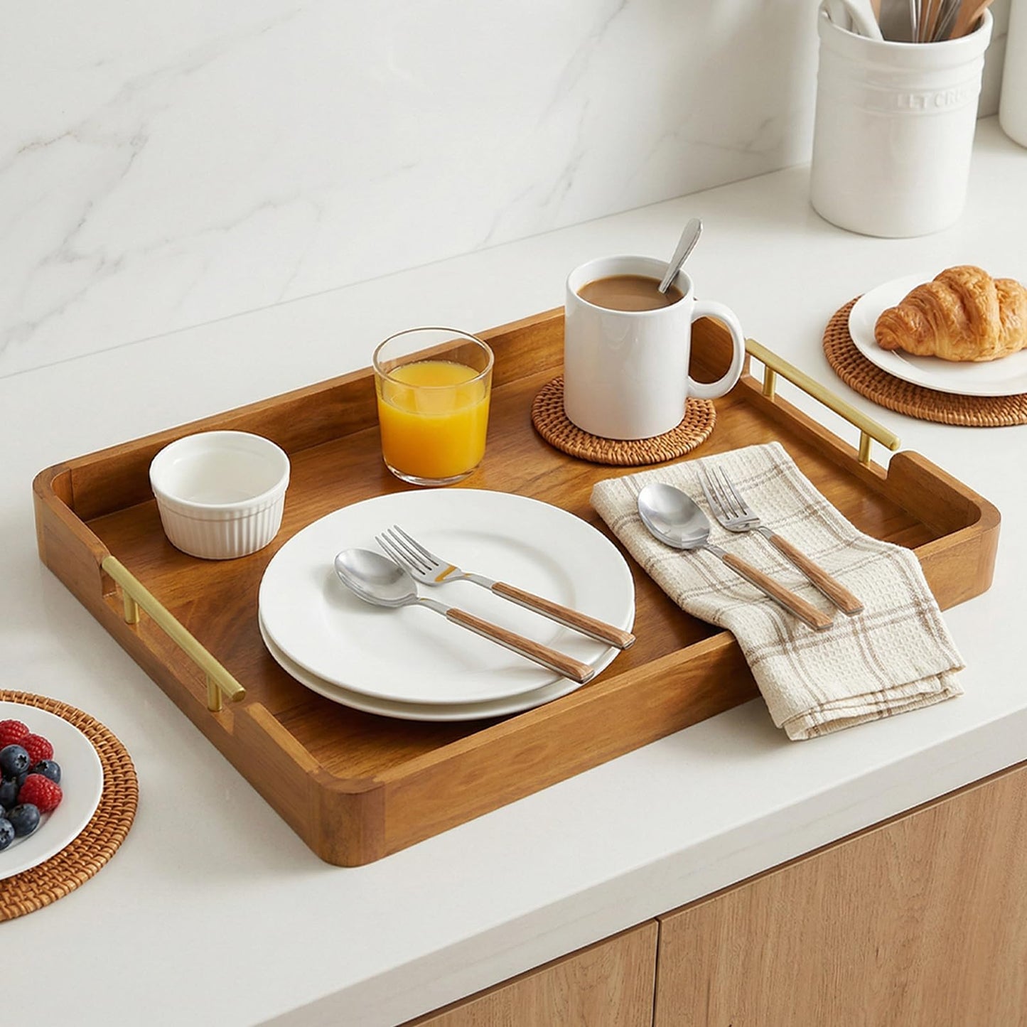 Fopeat Solid Teak Wood Serving Tray with Handles, 17"x13"x2" Rectangular Ottoman Tray for Living Room Kitchen Party, Rustic Decorative Tray for Home Coffee Table Breakfast Dinner Bar