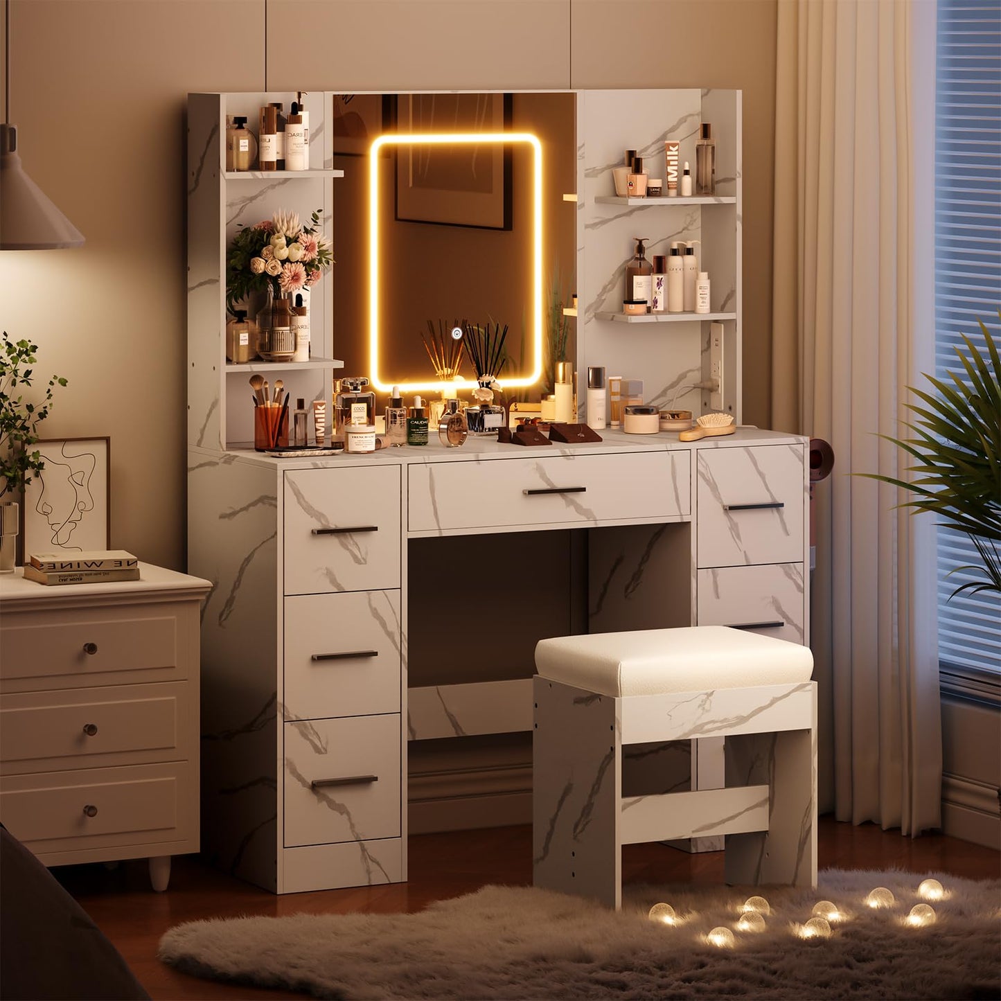 GarveeTech Makeup Vanity with Mirror, Light and Chair, Power Outlet, Hairdryer Holder, 7 Drawers, 3 Lighting Modes Brightness Adjustable Dressing Table for Bedroom