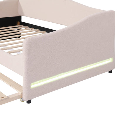 Merax Twin Size Upholstered Daybed with Light and Trundle, Beige Teddy Fleece Sofa Bed Modern Wooden Platform Bed Frame for Bedroom, Living Room, Guest Room, Apartment