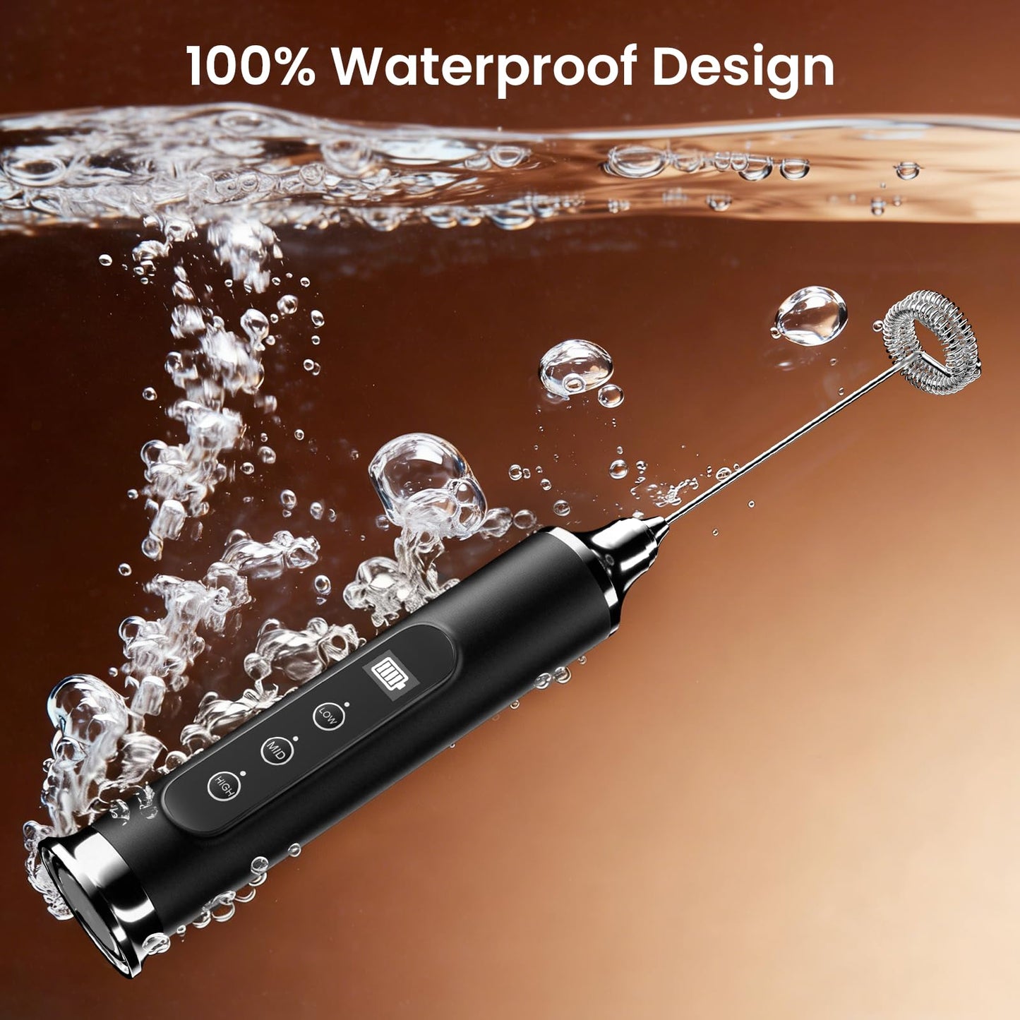 YUSWKO Milk Frother Wand for Coffee, Handheld Coffee Frother, Rechargeable Drink Mixer, Waterproof Electric Whisk, Black