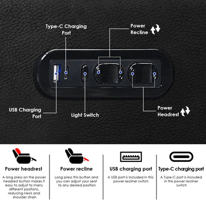 Weilianda Home Theater Seating Top Grain Leather Recliner Chair Power Headrest and Recline Movie Seats Gaming Sofa with Tray Table Type-C USB Charge Cup Holders Row of 6 Black