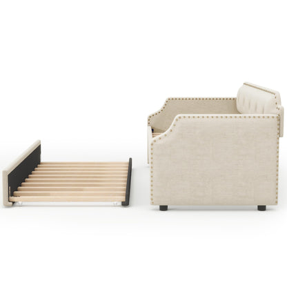 Merax Upholstered Daybed with Trundle, Wood Slat Support,Upholstered Frame Sofa Bed, Twin, Beige