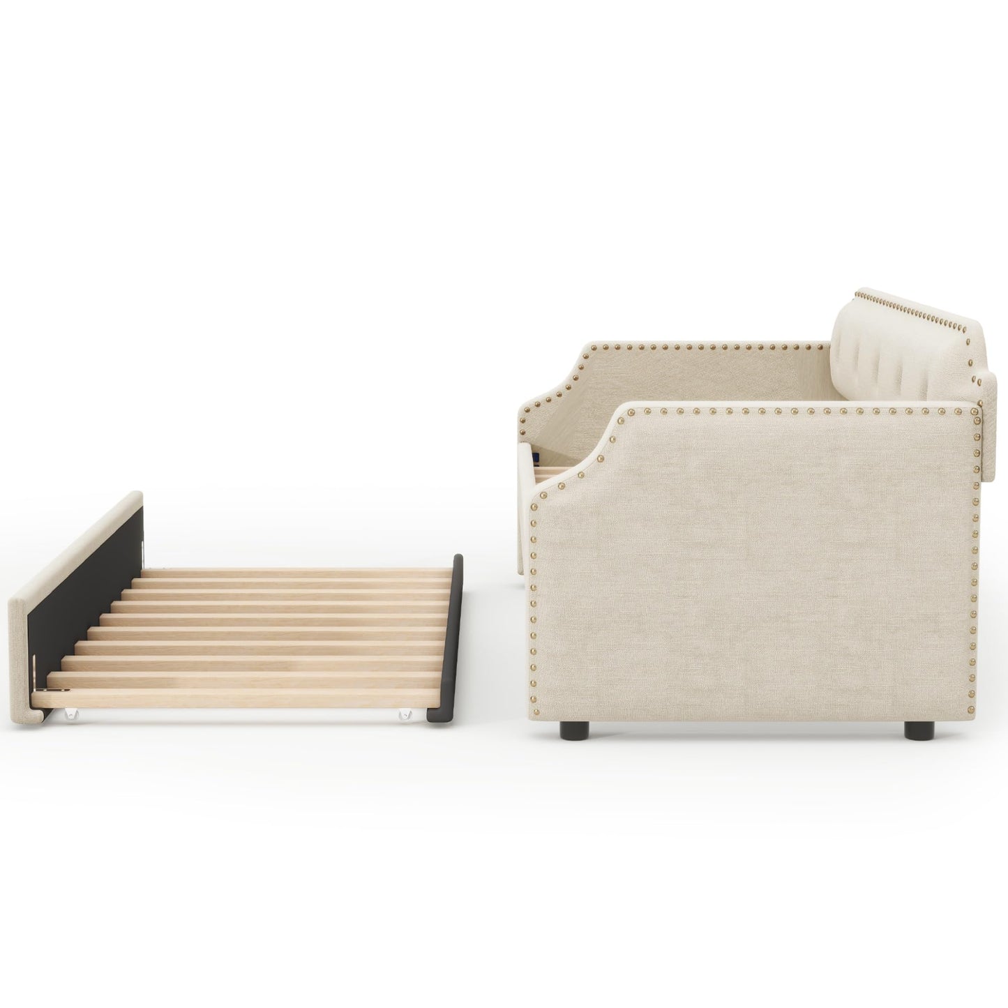 Twin Size Daybed with Trundle, Upholstered daybed Frame with Button Tufted and Nailtrim on Arms, Wood Sofa Bed with Trundle Bed and Caster Design for Living Room, Bedroom, Guest Room, Beige.
