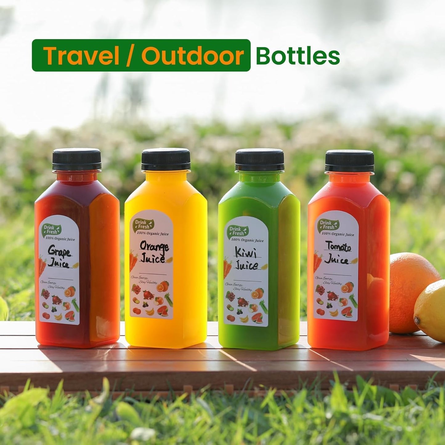 24 PACK, 12 OZ 24 2 Reusable Plastic Juice Bottles with Caps, Plus Labels & Silicone Funnels - Clear Juicing Bottles