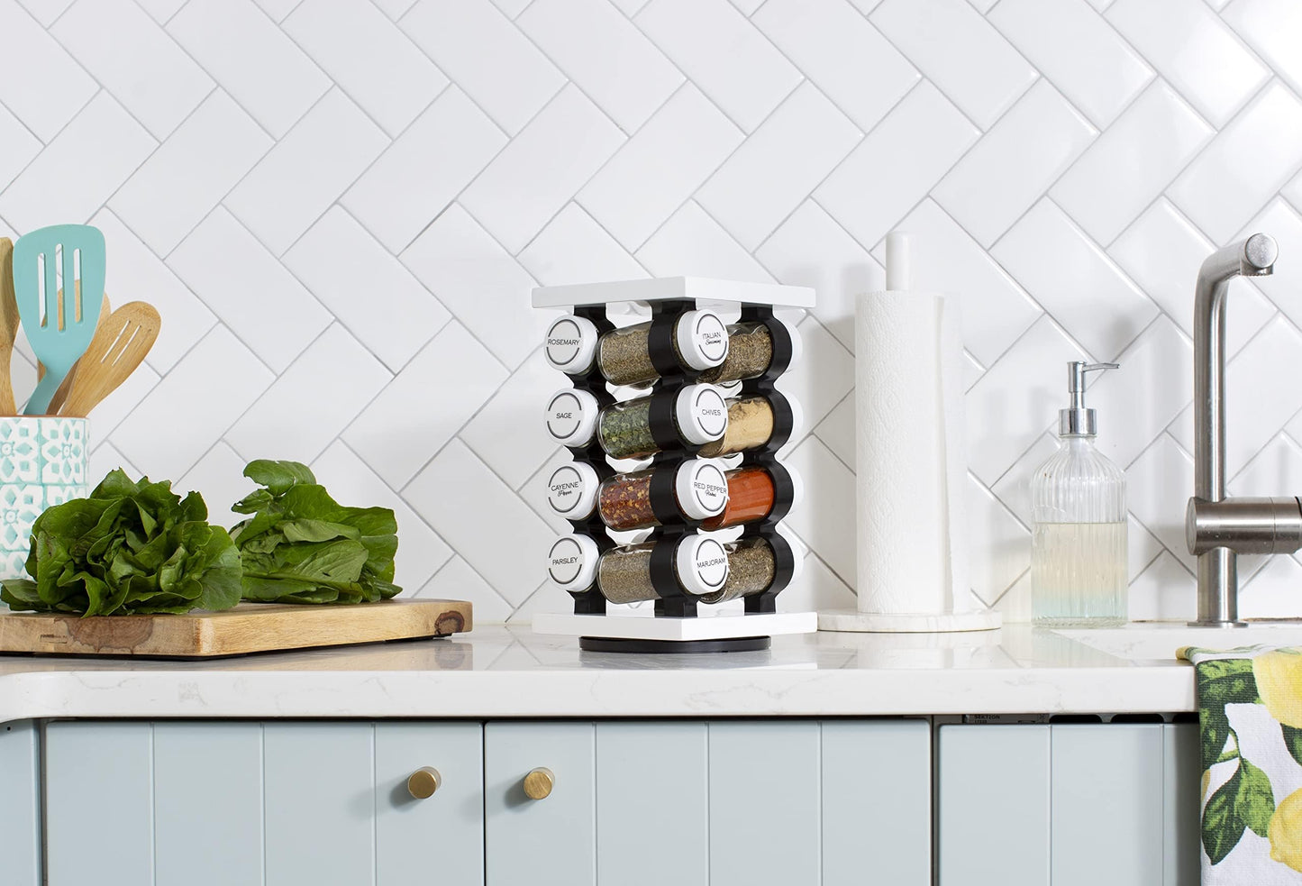 Orii 16 Jar Rotating White Spice Rack with Spices Included & 5-Year Spice Refill Program – Compact Countertop Spice Rack with Glass Jars