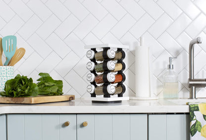 Orii 16 Jar Rotating White Spice Rack with Spices Included & 5-Year Spice Refill Program – Compact Countertop Spice Rack with Glass Jars