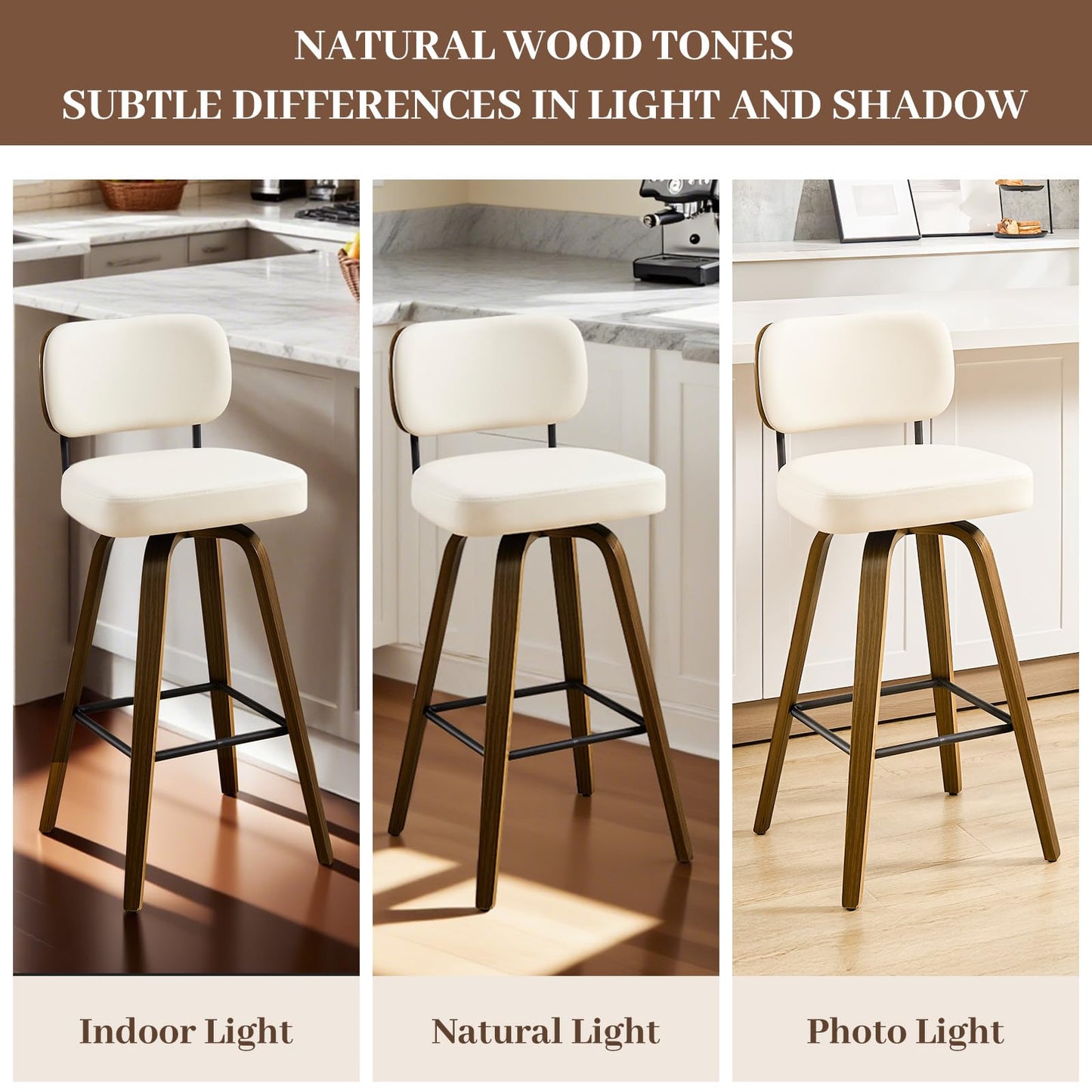 Bekrvio Swivel Counter Height Bar Stools Set of 4, 26" Upholstered Faux Leather Barstools with Back and Bent Wood Legs, Mid Century Modern Bar Chair Island Stool for Kitchen Counter, Cream White