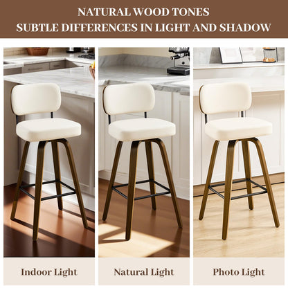 Bekrvio Swivel Counter Height Bar Stools Set of 4, 26" Upholstered Faux Leather Barstools with Back and Bent Wood Legs, Mid Century Modern Bar Chair Island Stool for Kitchen Counter, Cream White