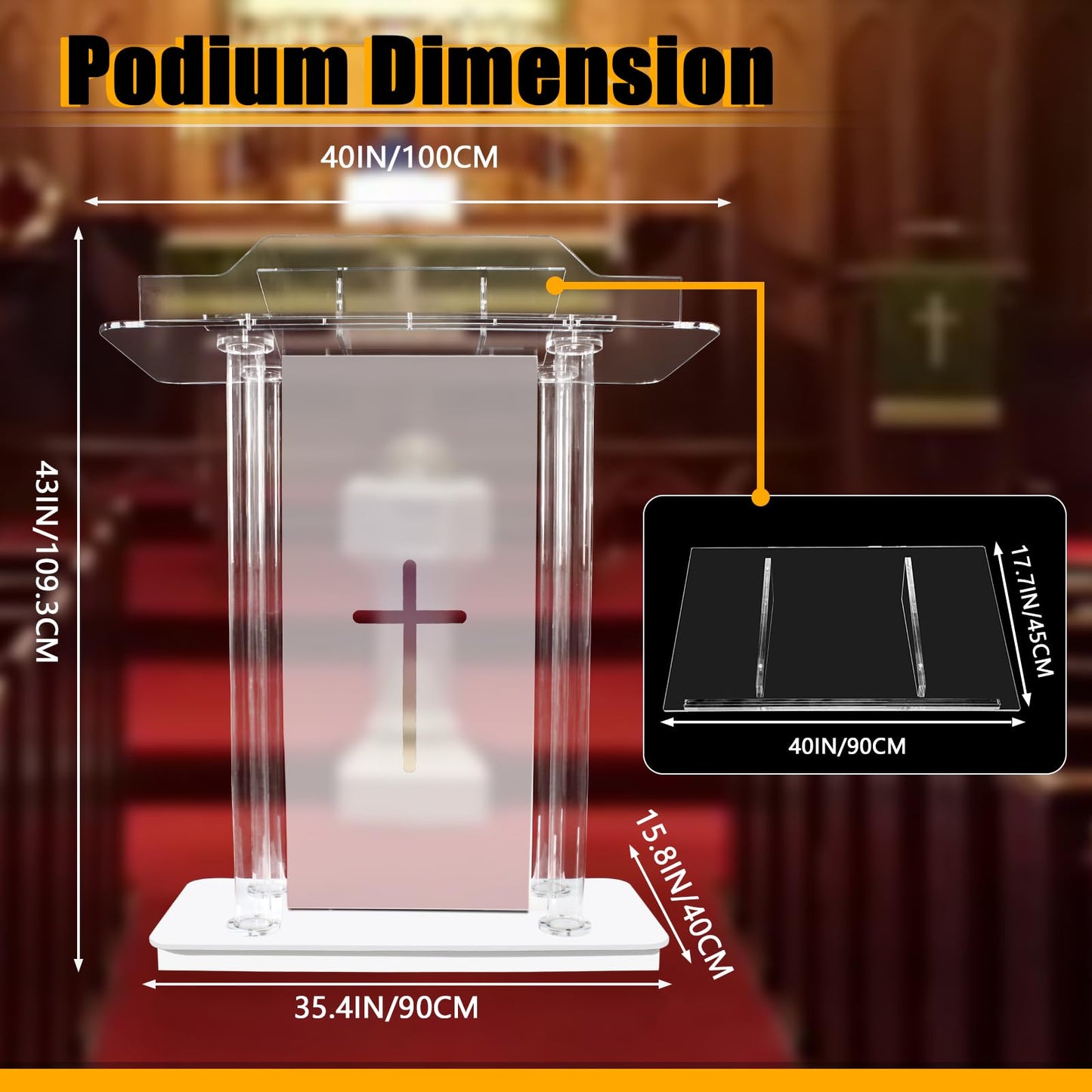 Church Pulpit with 15 Colors Adjustable and 4 Flashing Models, 46” Clear Acrylic Podium with 4 Wheels & Vertical Reading Platform, Lecterns for Churches, Classroom (39.4”L*15.7”W *44”H)