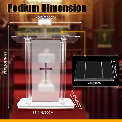 Church Pulpit with 15 Colors Adjustable and 4 Flashing Models, 46” Clear Acrylic Podium with 4 Wheels & Vertical Reading Platform, Lecterns for Churches, Classroom (39.4”L*15.7”W *44”H)