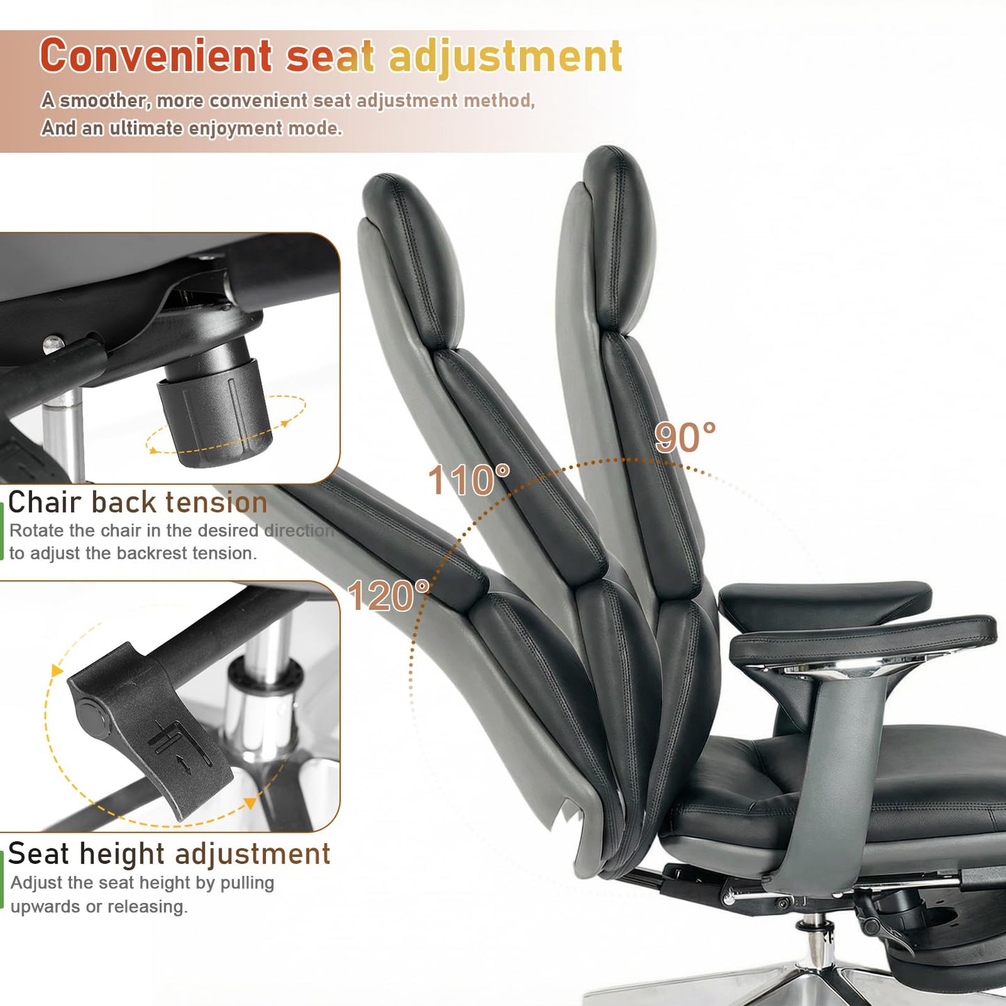 FurniBaron Genuine Leather Office Chair with Flexible Footrest, High Back Executive Office Chair with Lumbar Support, Adjustable Tilt Mechanism, Weight Capacity 400 lbs (Black)