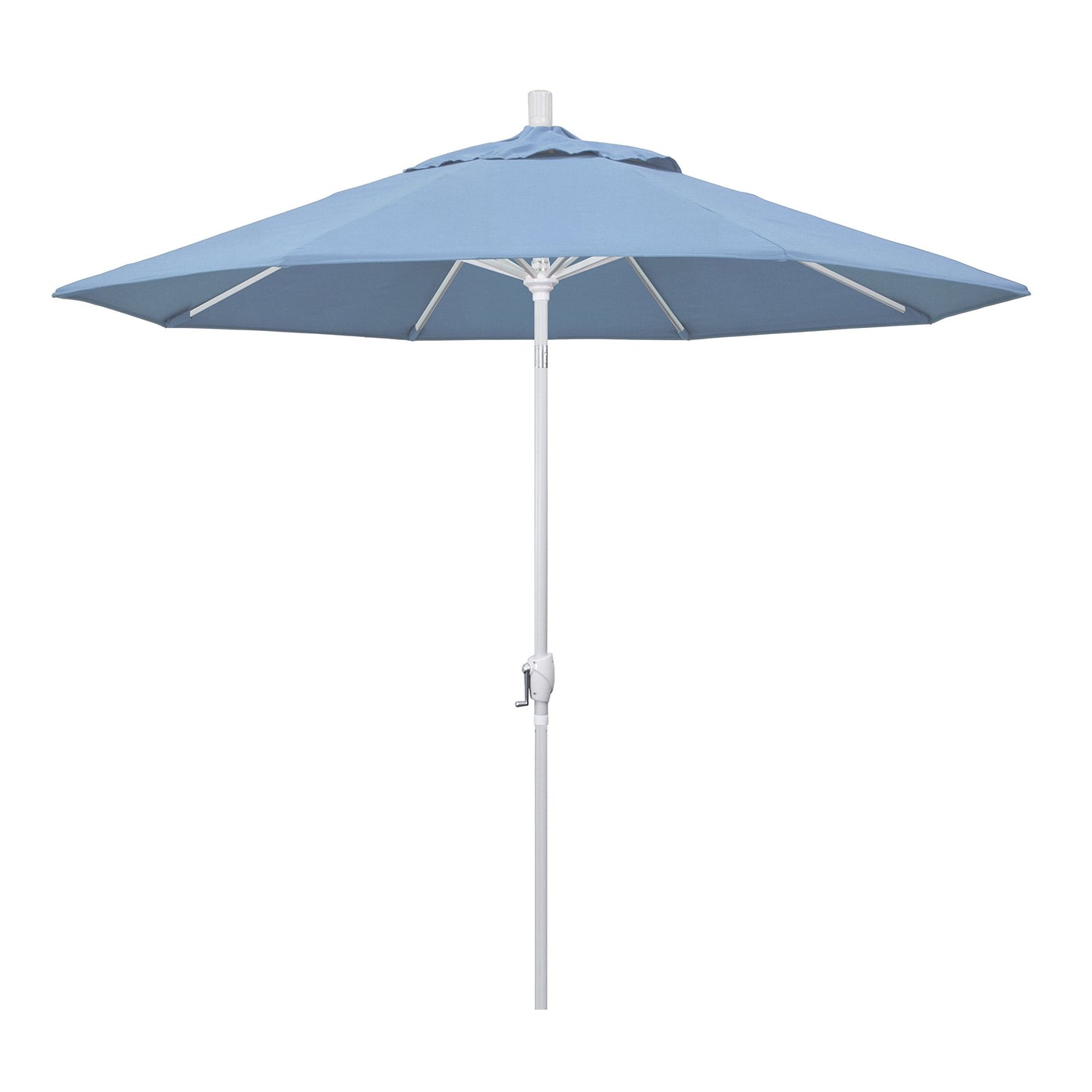 California Umbrella 9' Round Aluminum Market Umbrella, Crank Lift, Push Button Tilt, White Pole, Air Blue