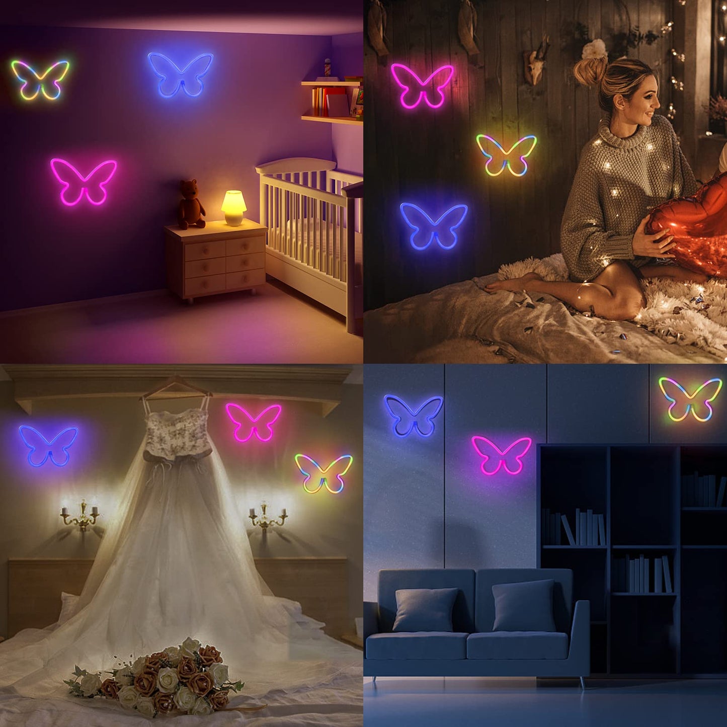 BRIGHTDECK 3 Pcs Butterfly Neon Signs, Neon Light for Bedroom, USB or 3-AA Battery Powered LED Wall Décor for Valentines Day Birthday Gift, Wedding, Party, Home Decor (Pink, Purple, Warm white)