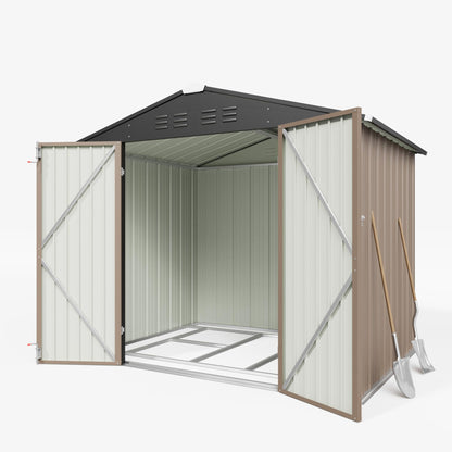 Greesum 8x6FT Outdoor Storage Shed with Base, Utility Tool Shed with Sloping Roof, Metal Storaged Garden Shed with Door & Lock for Patio Storage, Brown