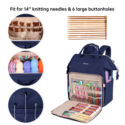 Leudes Knitting Bag Backpack, Yarn Storage Organizer Large Crochet Bag Tote Water Resistant Yarn Holder Case for Carrying Projects, Knitting Needles, Crochet Hooks and Other Accessories (Navy Blue)