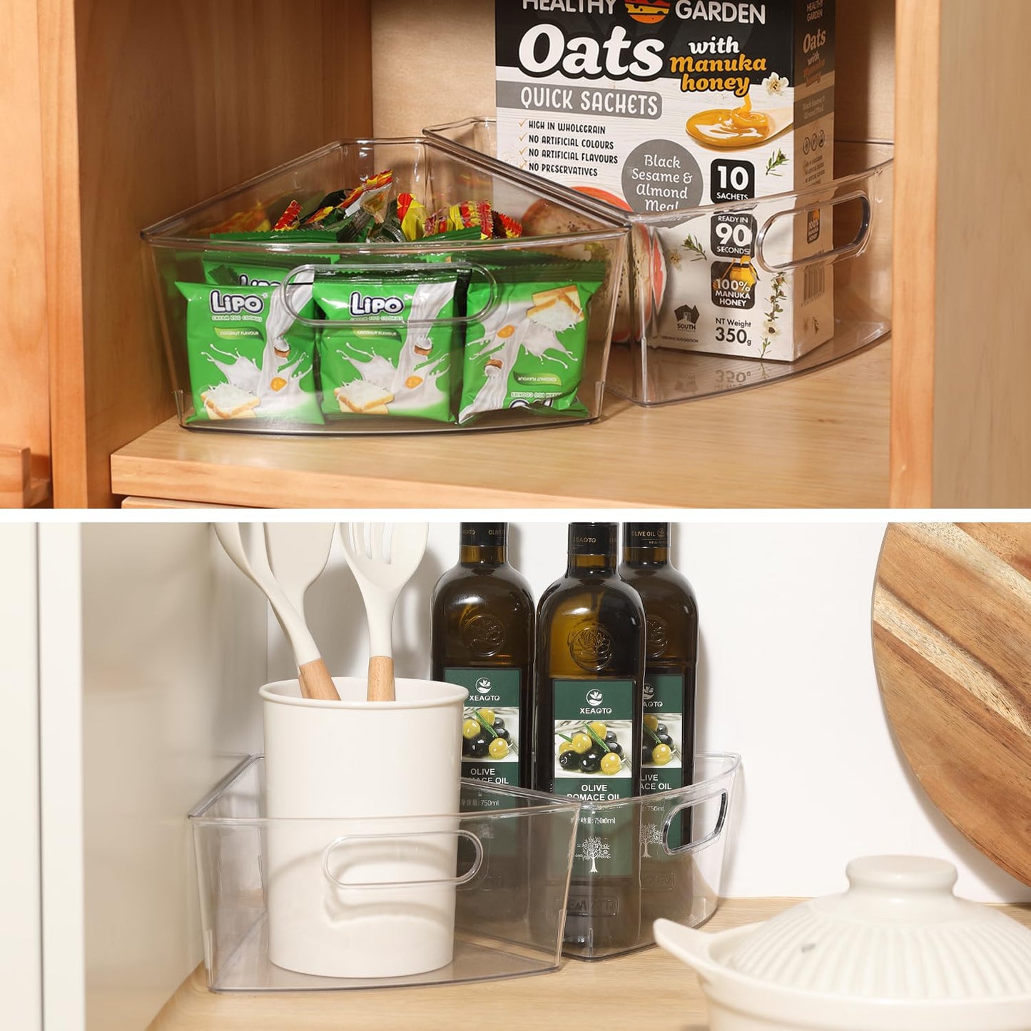 OMNISAFE Lazy Susan Organizer Bins,10.2”x 9.4”x 4”, 26" Diameter Clear Durable Kitchen Cabinet Storage Bin Set with Handle, Food Safe, Non-Slip Pads, BPA Free