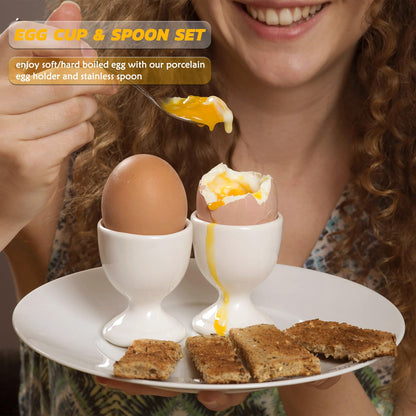 RHAFAYRE Egg Holder for Boiled Eggs, 6 Pack Porcelain Egg Cups with Spoons for Soft Hard Boiled Eggs Breakfast Dinner, 3.5" White