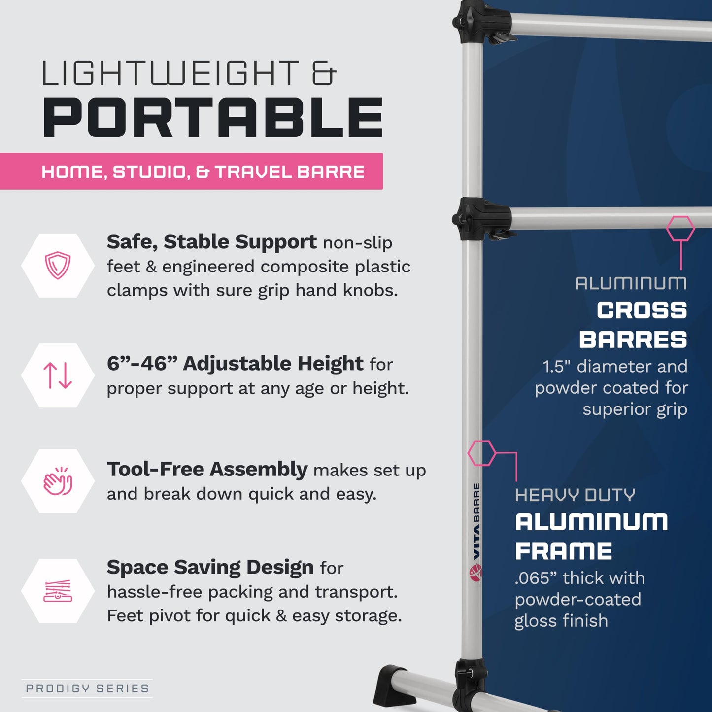 VITA Barre Portable Freestanding Double Ballet Barre, Prodigy, 8 Ft Bars, Satin Silver | Adjustable Height, USA Made, Home or Gym Exercise Equipment for Kids & Adults | Dance, Fitness, Pilates