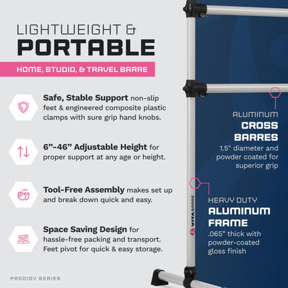 VITA Barre Portable Freestanding Double Ballet Barre, Prodigy, 8 Ft Bars, Satin Silver | Adjustable Height, USA Made, Home or Gym Exercise Equipment for Kids & Adults | Dance, Fitness, Pilates