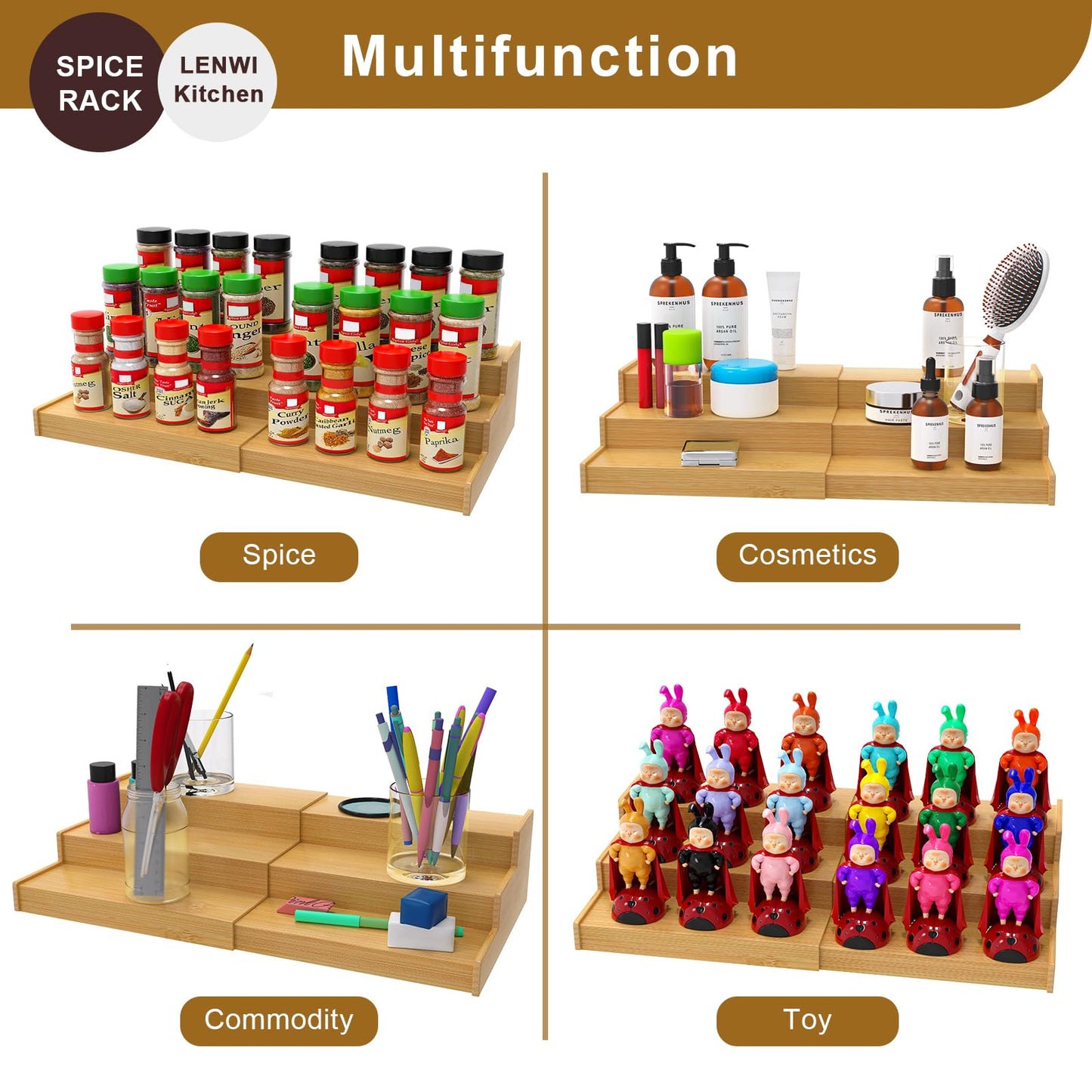 Lenwi Spice Rack Organizer for Cabinet 2Pack, 3 Tier Expandable Bamboo Spice Storage, Great for Kitchen Cabinet, Cupboard,Pantry and More(Natrual)