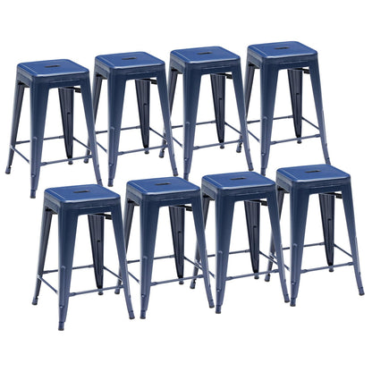 Sweetcrispy Metal Bar Stools Set of 8, 24 Inch Stackable Restaurant Classic Trattoria Metal Chairs, Backless Counter Height Barstool Chairs for Dining Room, Kitchen Island, Indoor Outdoor Use, Blue