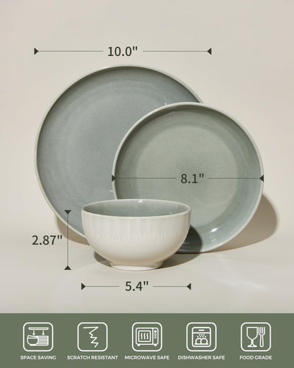 Pokini Stoneware Dinnerware Sets Service for 12, 36 pcs Reactive Glaze Plates and Bowls Sets, Handmade Ceramic Dish Set, Highly Chip and Crack Resistant Modern Plate Set, Gradient Green