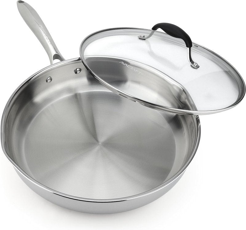 AVACRAFT 10 Inch Tri-Ply Stainless Steel Frying Pan with Lid, Side Spouts, Induction Pan, Versatile Stainless Steel Skillet, Fry Pan in our Pots and Pans (Tri-Ply Stainless steel,10 Inch)