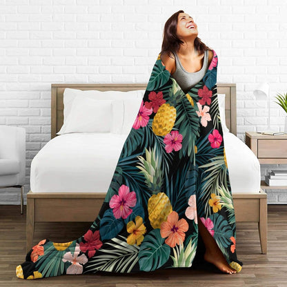 Perinsto 80"X60" Palm Leaves Hibiscus Flowers Hawaii Throw Blanket Ultra Soft Warm All Season Tropical Pineapples Fruit