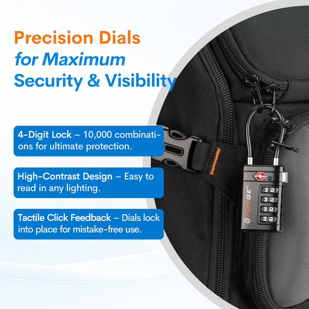 Forge TSA Approved Luggage Locks 4 Digit Combination TSA Travel Locks with TSA008, Open Alert Indicator, Zinc Alloy Body for Luggage, Suitcase, Backpack, and More. Black 2 Locks.