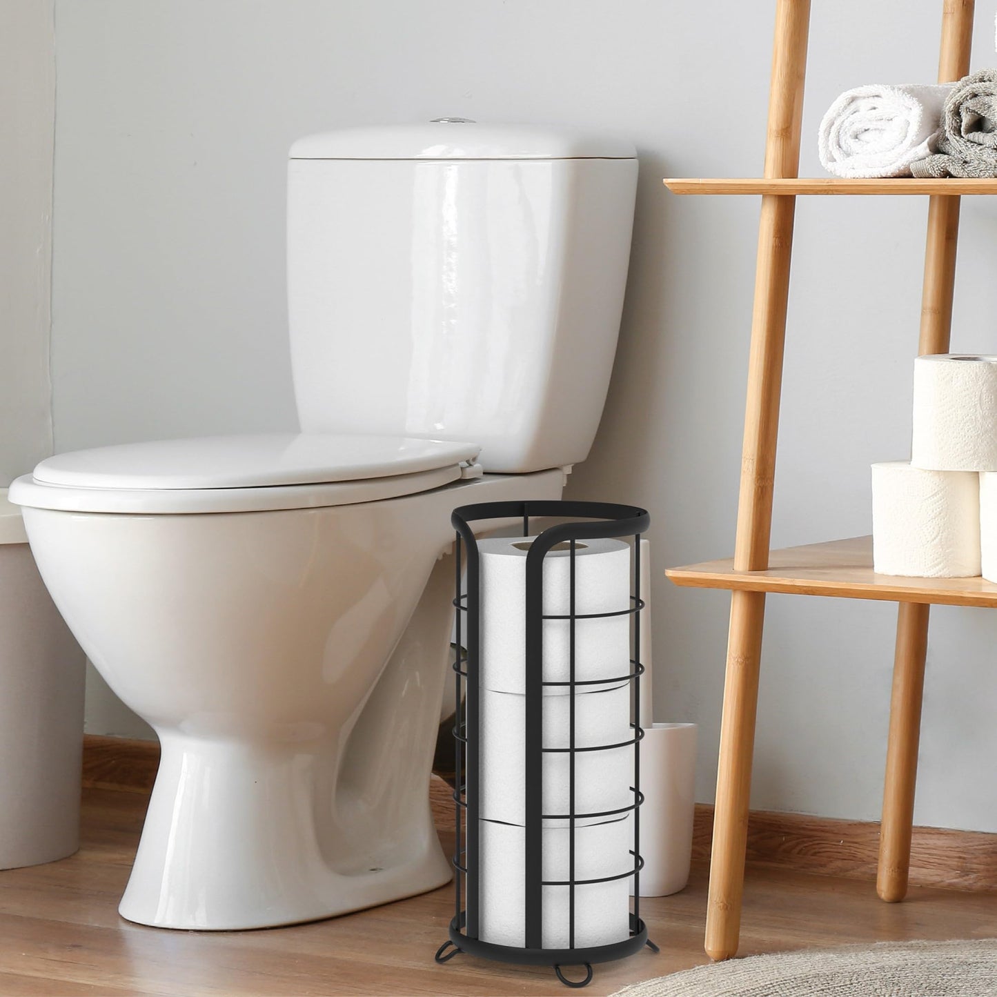 BROOKSTONE Toilet Paper Holder Stand Reserve - Free Standing Toilet Paper Stand with Storage that Holds Mega Rolls, Standing Bathroom Tissue Organizer, Bathroom Decor - Modern Storage Holder, Black