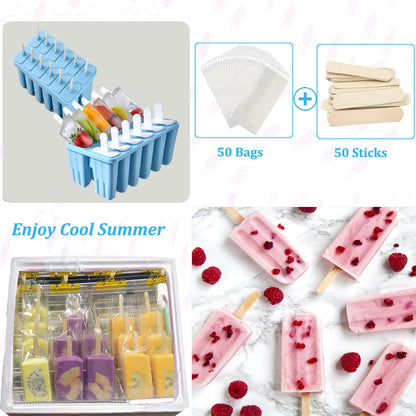 Silicone Popsicle Molds with Sticks Wpunwen 12 Cavity Ice Popsicle MoldsIce Cream Mold with Clean Brush 12 Reusable Sticks 50 Sticks 50 Bags Blue