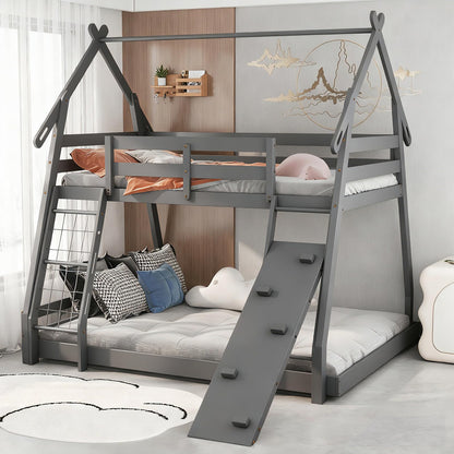 KOTEK Twin Over Queen Bunk Bed, House Bunk Beds with Climbing Nets and Ramp, No Box Spring Needed, Solid Wood Low Bunk Bed Frame for Kids Boys Girls (Grey)