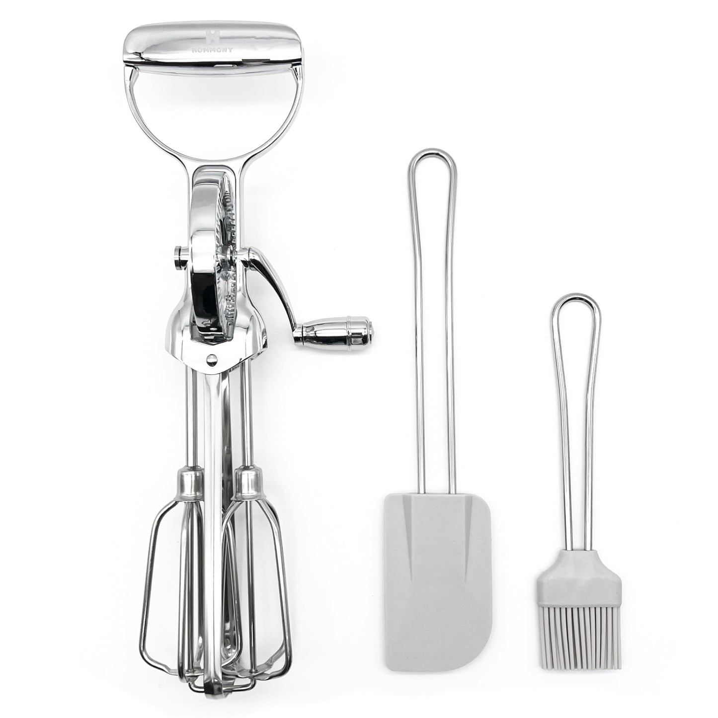 Hommony Rotary Egg Beater 12", Stainless Steel Baking Set with Silicone Spatula and Basting Pastry Brush