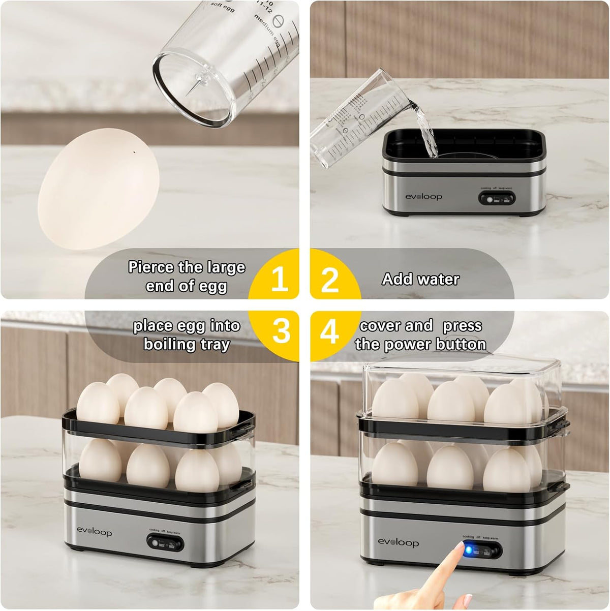 12 Evoloop Rapid Egg Cooker Electric Eggs Capacity, Soft, Medium, Hard Boiled, Poached, Omelet Maker Egg Poacher