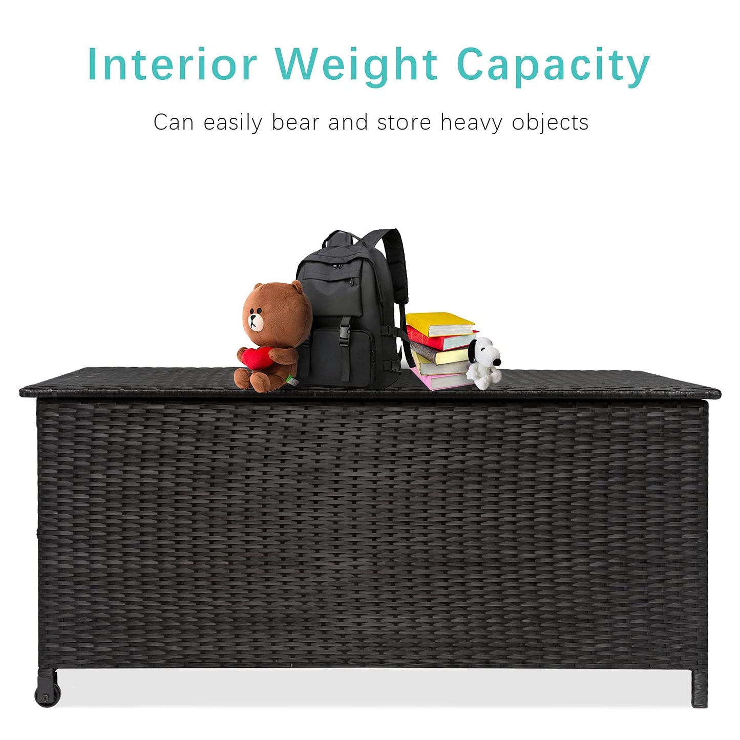 Celah 120 Gallon Outdoor Deck Box Storage Container, Rattan Wicker Storage Box with Handles and Wheels for Patio Furniture Cushions, Garden Tools, Pool Accessories (Black)