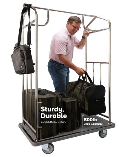 Wholesale Hotel Products Brushed Stainless Steel Luggage Cart – 800lb Capacity – Bellman Cart w/ 5” Rubber Wheels & Gray Carpet, for Hotel, Resorts, Condos, Commercial Use (Value Valet Series)
