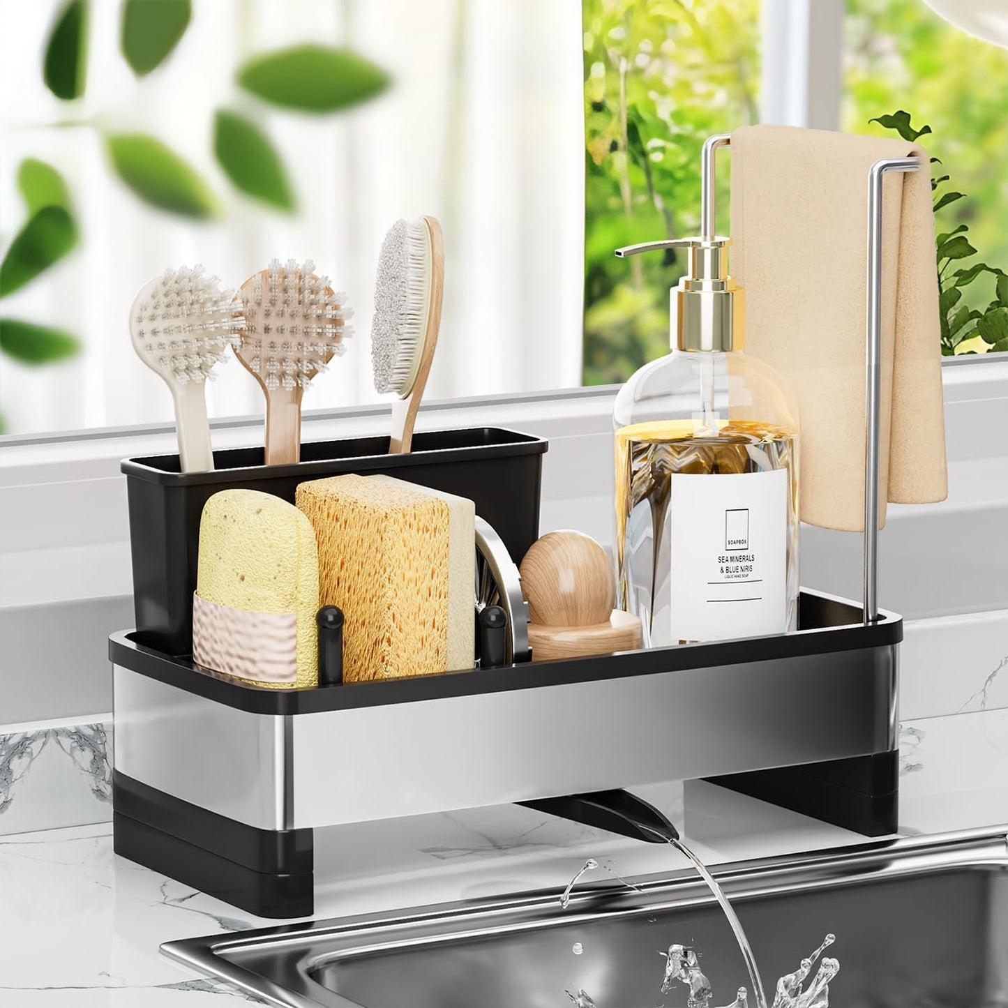 Countertop, VUSIGN Sponge Holder for Kitchen Sink, Sink Caddy Organizer with Brush Holder, Rustproof Stainless
