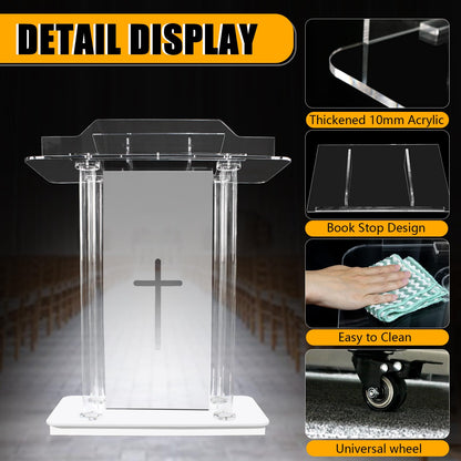 Church Pulpit with 15 Colors Adjustable and 4 Flashing Models, 46” Clear Acrylic Podium with 4 Wheels & Vertical Reading Platform, Lecterns for Churches, Classroom (39.4”L*15.7”W *44”H)