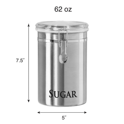 Oggi Stainless Steel Sugar Canister 62 fl oz - Airtight Clamp Lid, Clear See-Thru Top - Ideal Sugar Container for Countertop, Sugar Jar, Bulk Sugar Storage. Large Size 5" x 7.5".