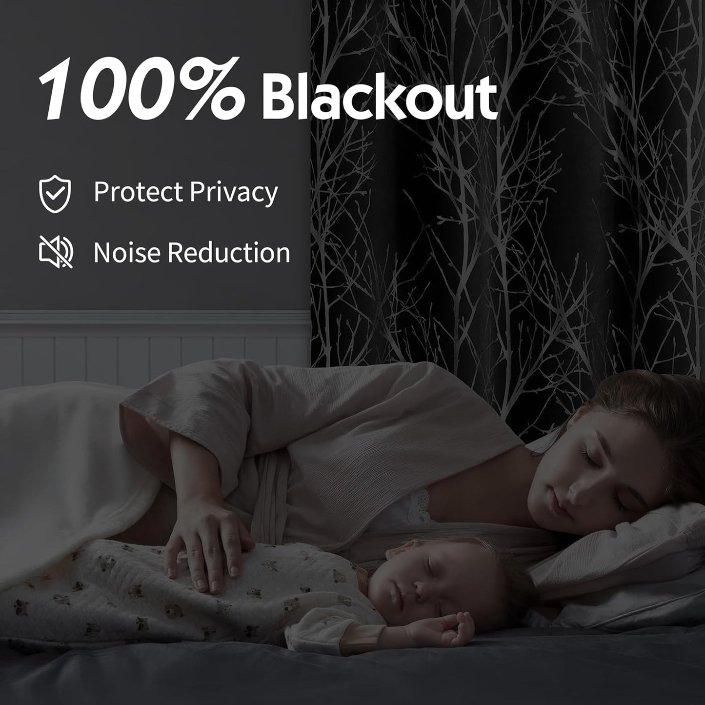 FMFUNCTEX 100% Blackout Curtains for Bedroom, 54 Inch Length Black Branch Panels for Living Room, Thermal Insulated 2