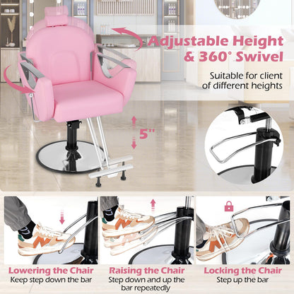 Giantex Reclining Barber Chair - Salon Chair for Hair Stylist, 360 Degrees Swivel, Adjustable Height & Headrest, Heavy Duty Hydraulic Pump, Hair Styling Chair for Makeup Facial Waxing Tattoo (Pink)