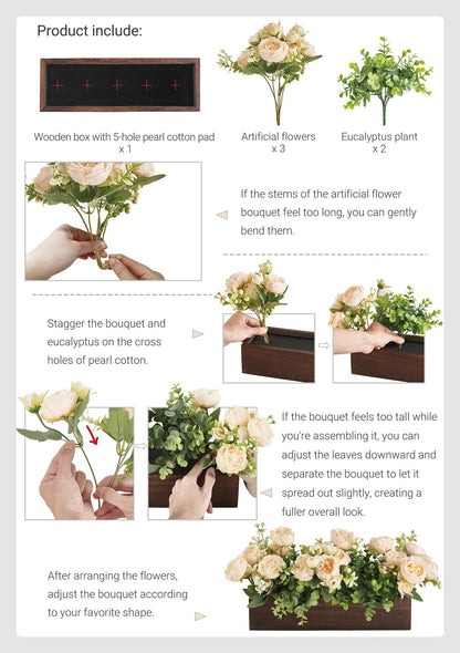Dahey Centerpiece Table Decorations for Dining Room Farmhouse Living Room Fall Table Centerpieces Decor Wood Tray with 3 Artificial Flowers and 2 Eucalyptus for Kitchen Table, Orange