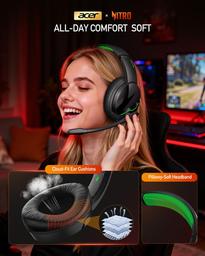 acer Wireless Gaming Headset, PS5 Headset with 2.4GHz for Ps5, Ps4, PC, Switch, Bluetooth 5.3 + 100Hrs Gaming Headphones with Noise Canceling Mic for Laptop, Mobile, Mac, 50mm Drivers (Green)