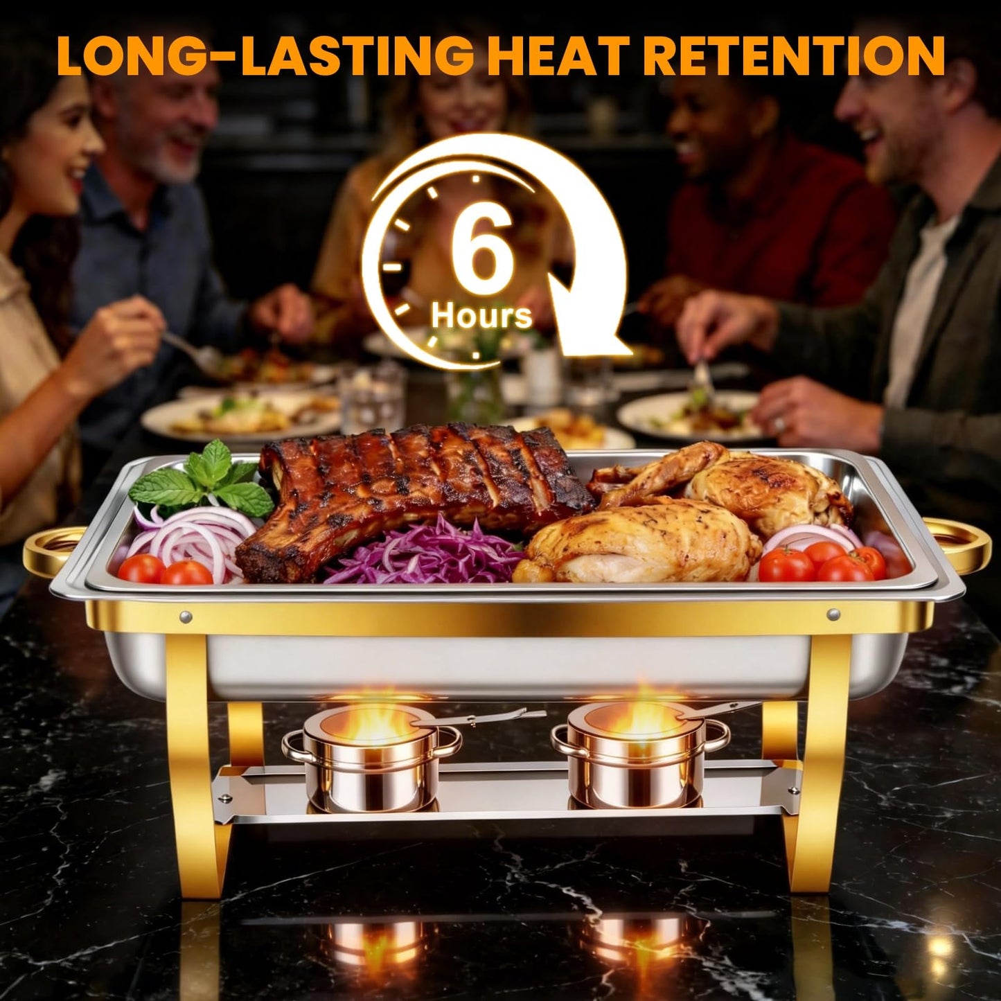 POWERFUEL Chafing Dishes for Buffet, 4 Pack 9QT Large Full Size Gold Chafing Dish Set, Rectangular Chafing Pans with 4 Gold Tongs, Stainless Steel Food Warmer for Party, Catering, Wedding