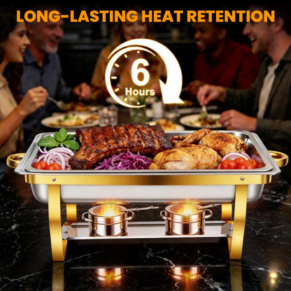 POWERFUEL Chafing Dishes for Buffet, 4 Pack 9QT Large Full Size Gold Chafing Dish Set, Rectangular Chafing Pans with 4 Gold Tongs, Stainless Steel Food Warmer for Party, Catering, Wedding