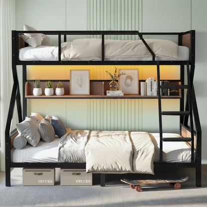 HKOLIE Twin XL Over Queen Bunk Bed with Storage Shelves & LED Lights, Heavy Duty Metal Bunk Bed Frame with Stairs, Noise-Free Design, Space-Saving Bed with Guardrails for Kids, Teens & Adults, Black
